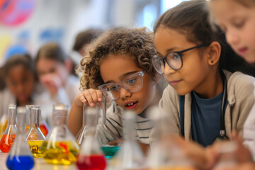 Curious Schoolchildren Conducting Science Experiments with Colorful Liquids in a Classroom.