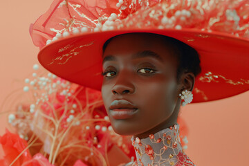 Woman in a vibrant red hat and outfit with elaborate decorations posing against a soft background
