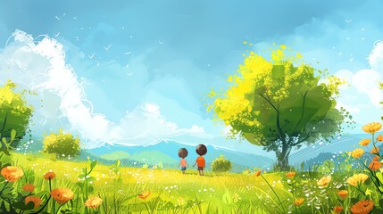 Two children stand in a field with a bright blue sky, green grass and a large tree.