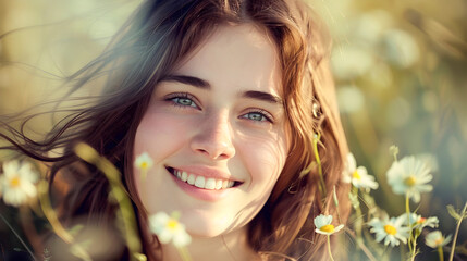 Fototapeta premium Radiant Woman with a Brilliant Smile Enjoying the Peaceful Summer Meadow A happy