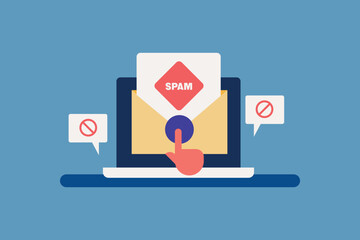Spam message notification. Email software displaying spam alert. Fraud email alert. Cyber security, Email security. Vector illustration with icons.