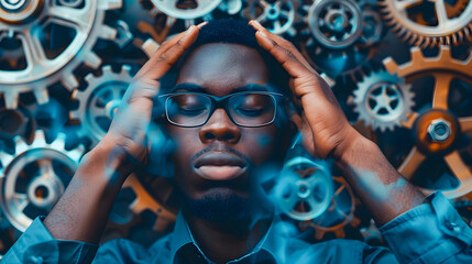 Focused young man in glasses with eyes closed hands on head surrounded by cogwheels and gears symbolizing the process of brainstorming and thinking of new ideas or solutions