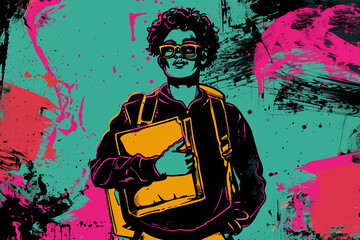 happy school kid posing creative illustration style background