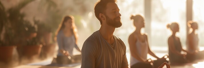 A group of individuals sits in a meditative pose in a bright, serene environment, embracing mindfulness and tranquility at dawn.