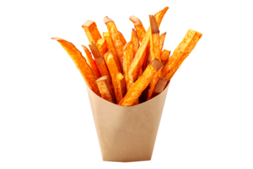 Crispy Sweet Potato French fries isolated on white transparent background, perfect for snacking, quick and tasty treat