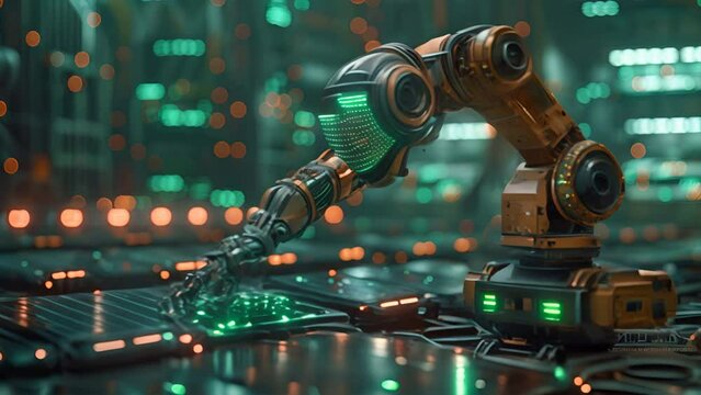 a dynamic image of a robotic arm sorting through a pile of solar panels, with a futuristic .generative ai