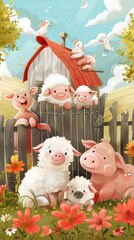 Fototapeta premium A Day at the Farm: Sheep and Pigs in the Spring