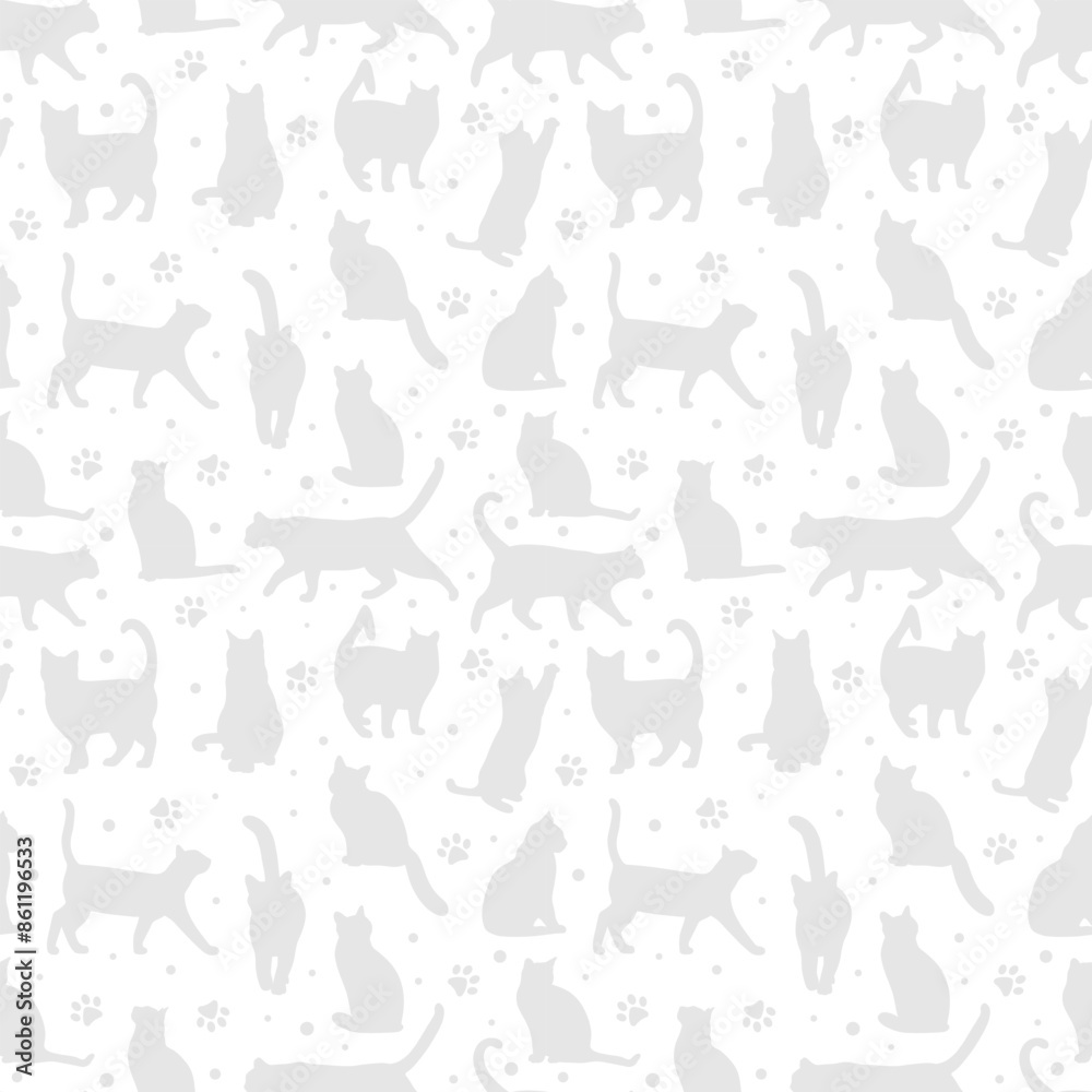 Poster white cat semaless repeat pattern, vector backgorund tile with paws