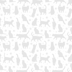 White cat semaless repeat pattern, vector backgorund tile with paws
