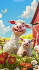 Fototapeta premium Cute Farm Animals in a Summer Field