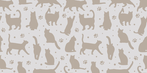 Cat nude seamless repeating pattern vector backgorund, with kitten silhouettes and paws, wallpaper concept