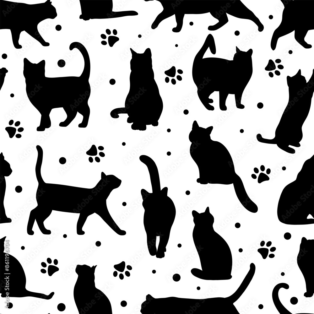 Poster cat seamless pattern, vector repeat backgorund with kitten silhouettes and paws, simple black and wh