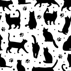 Cat seamless pattern, vector repeat backgorund with kitten silhouettes and paws, simple black and white wallpaper tile design