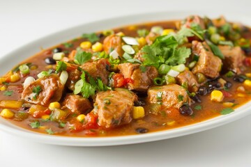 Fototapeta premium Juicy Pork Stew with Fragrant Cilantro and Crunchy Black Beans