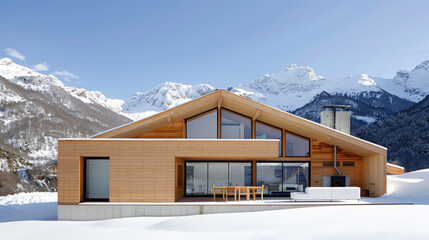 Wooden house at snowy mountains in quiet and peaceful countryside