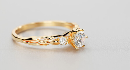 Gold diamond Ring placed on white background, 3D rendering soft focus