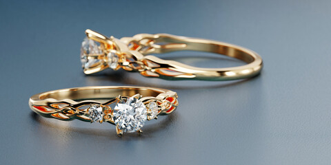 Gold diamond ring soft focus with blue background, 3d rendering.
