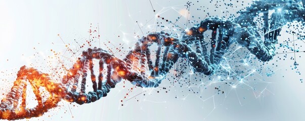 Abstract DNA double helix with blue and orange particles.