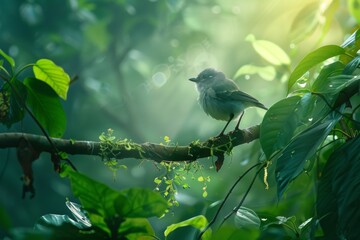 Obraz premium Wild bird perched on a branch Afternoon in the rainforest