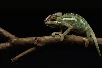 Obraz premium Yemen chameleon on branch against black background.