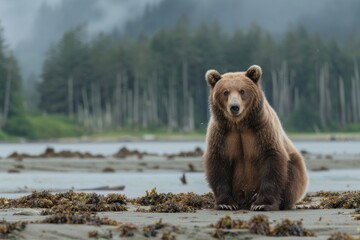 Obraz premium Young female Grizzly Bear (Ursus arctos) sitting on river bank beneath coastal mountains