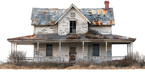 Old rustic abandoned wooden house isolated on transparent or white background