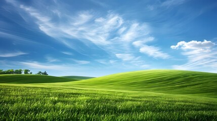 Obraz premium panoramic view of green grass valley and blue sky.