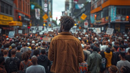 Speakers addressed the crowd during the rally with signs and banners emphasizing the message of freedom and equality.
