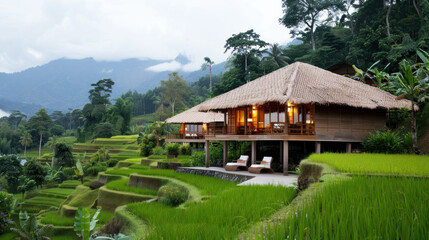 Fototapeta premium Wooden house at tropical terraces and fresh green paddy field