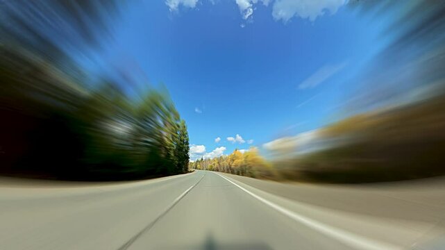 Hyperlepse Imitation of High Speed Movement. The Car Rushes Along a Country Road. The Surrounding Trees Turn Into an Abstract Green Wall. Hyperlapse Road Trip Travel Concept Sort of Dashcam POV