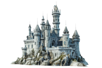 Magical castle in a snowy winter wonderland isolated on transparent background