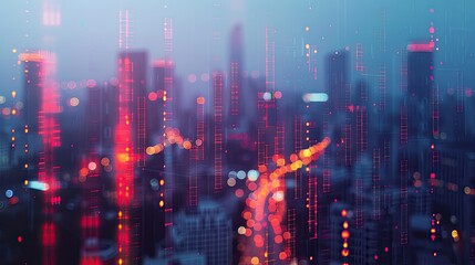 Fototapeta premium Glowing forex chart data overlaid on a blurry cityscape at dusk