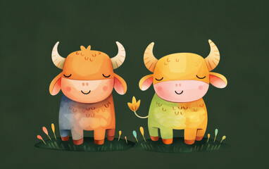 Two cartoon cows with horns are standing in a field of grass