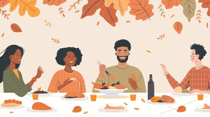 An illustration features friends enjoying a Thanksgiving meal together, sharing food and laughter in a festive autumn setting.