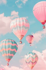 Obraz premium hot air balloons with geometric patterns, floating against a pastel sky. The style is whimsical and colorful, with a dreamy and playful mood