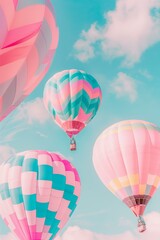 Fototapeta premium hot air balloons with geometric patterns, floating against a pastel sky. The style is whimsical and colorful, with a dreamy and playful mood