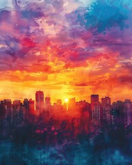 Fototapeta premium Stunning watercolor painting of a vibrant city skyline at sunset with dramatic clouds and colorful hues in the sky.