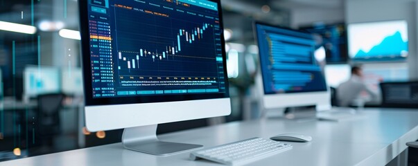 A virtual auction interface is shown on a sleek computer monitor, representing the liquidation of assets during a bankruptcy caused by an economic downturn. The minimalist background and abundant