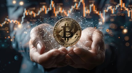 Hands holding Bitcoin with a background of a price chart climbing steeply