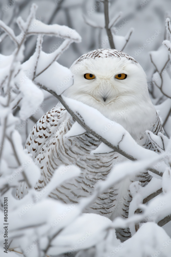 Wall mural Snowy owl perched on branch covered with snow