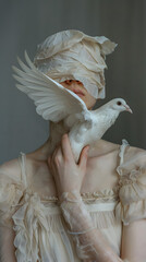 An enigmatic image of a woman with her eyes covered by fabric, holding a white dove