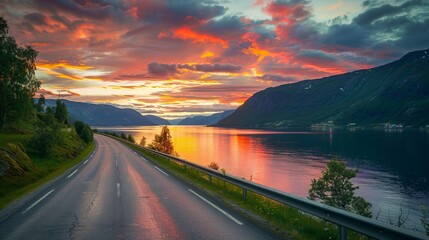 The highway along fjord at sunset