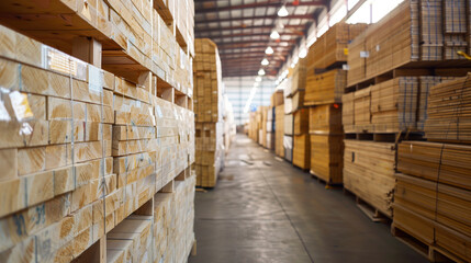 Stack of lumber in warehouse, lumber for construction