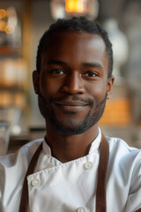 Fototapeta premium Portrait of black male barista or waiter at restaurant. Attractive man in shirt and apron looking at camera in friendly manner and smiling. Close-up