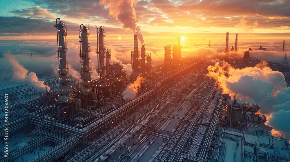 Aufkleber industrial complex with pipes in daylight near sunrise on backdrop of cloudy sky. generative ai.