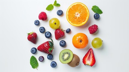 Top view of assorted fresh fruits and juicy berries captured in a minimalist style on white