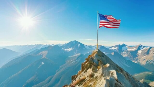 American flag waving on a mountain peak, breathtaking landscape, adventurous Independence Day