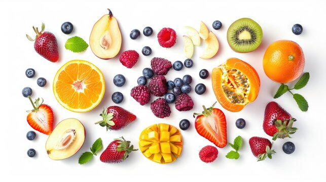 Top view of assorted fresh fruits and juicy berries captured in a minimalist style on white