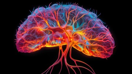 3D brain model with vibrant neon colors. Abstract image or digital artwork of human brain with multicolored or rainbow neon color glow in dark background. Neuroscience and creativity concept. AIG35.