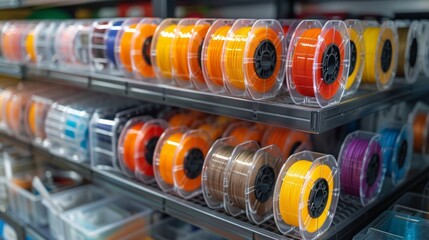 Large coils with colored electrical wires on huge shelves in an industrial plant. Manufacture of electrical wiring for cars.